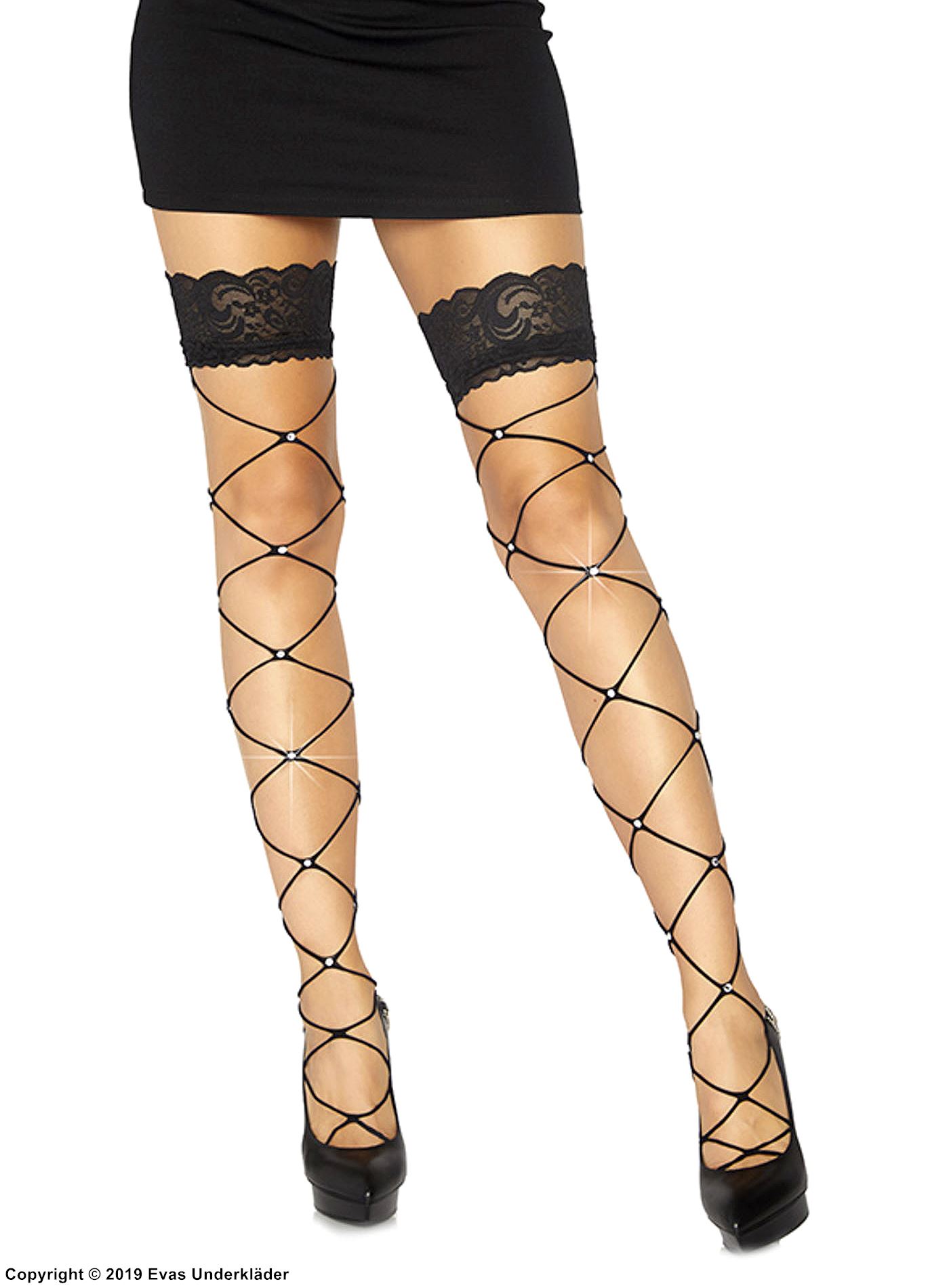 Thigh highs, rhinestones, wide lace edge, large fishnet
